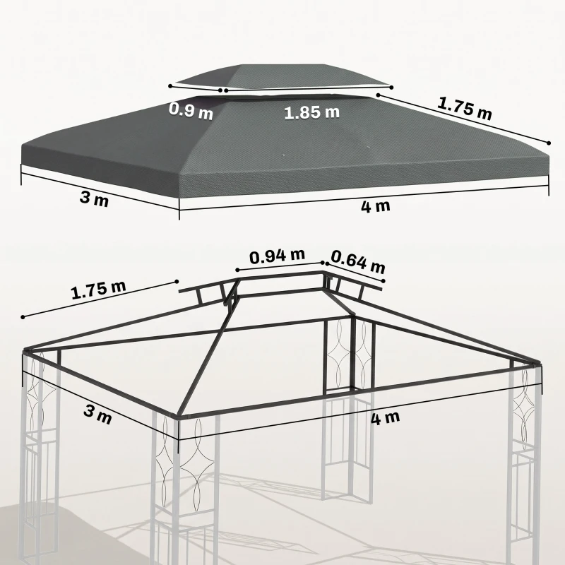 Outsunny Gazebo Roof Replacement, for 3 x 4m Frames - Grey