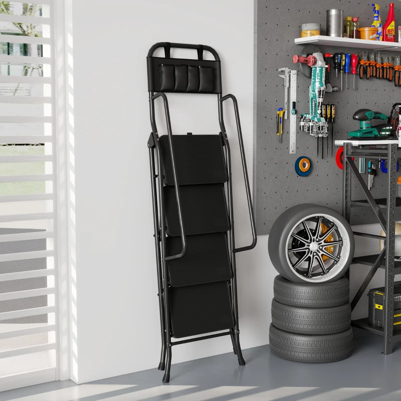 HOMCOM Escalera Plegable de 4 Peldaños con Bolsa de Herramientas Escalera de Tijera con Peldaños Anchos Antideslizantes Negro