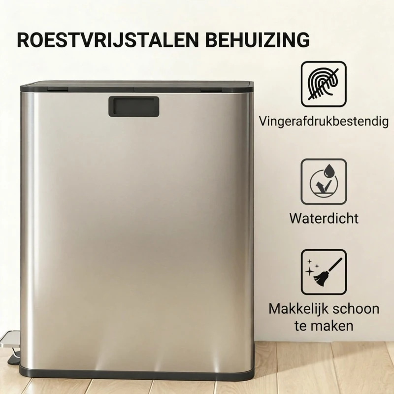 HOMCOM Dubbele keukenafvalbak 2 x 28L roestvrijstalen pedaalemmer met soft-close deksel, uitneembare binnenemmers