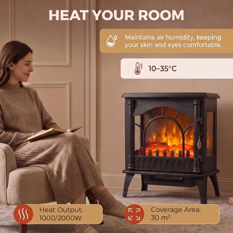 HOMCOM 3-Sided Glass Electric Fire Fan Heater, Electric Fireplace Stove Freestanding Log Burner with Flame Effect, Black