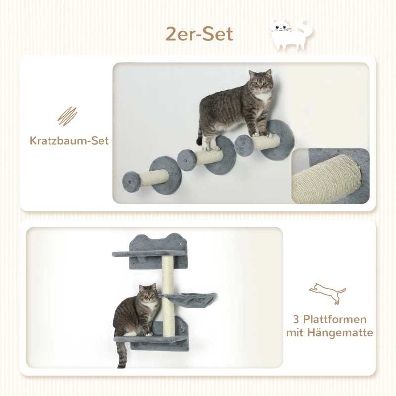 PawHut Klimniveaus, klimwand, kattenladder, 4-delige set, met krabpaal, hangmat, grijs+roomwit, 40 x 28 x 73cm