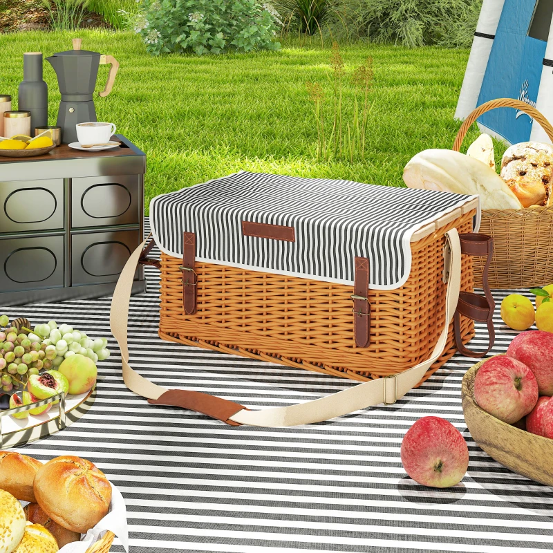 Outsunny Picknickkorb aus Weidenholz Picknickkoffer für 4 Personen mit Picknickdecke Besteck Set, Flascheöffner Hellbraun