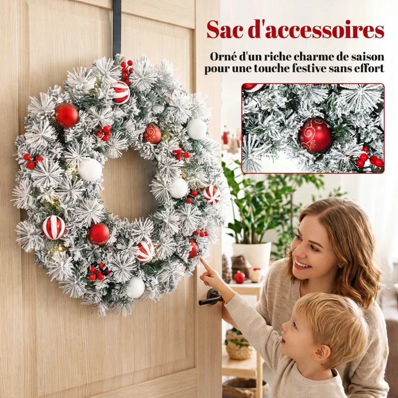 HOMCOM Couronne de Noël Lumineuse 60 cm Enneigée Floquée avec 50 LED, 15 Boules Décoratives, 140 Branches, 8 Modes, Vert