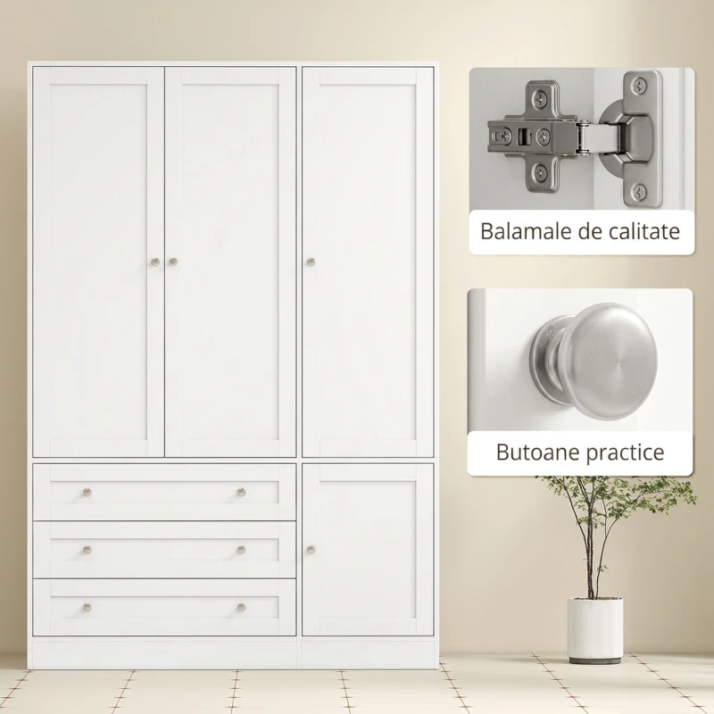 HOMCOM Dulap Modern cu Bară pentru Umerașe, 3 Sertare și Raft Reglabil, Alb