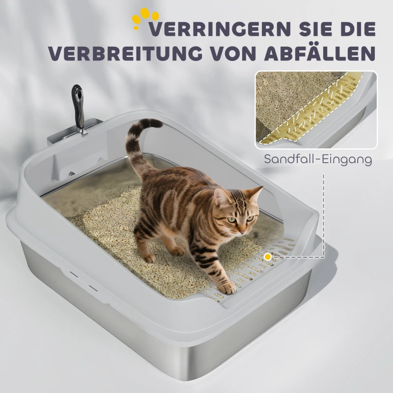 PawHut Roestvrijstalen open kattenbak met schep en hoge rand voor grote katten tot 12 kg 69,8 x 50,3 x 29,8 cm Grijs
