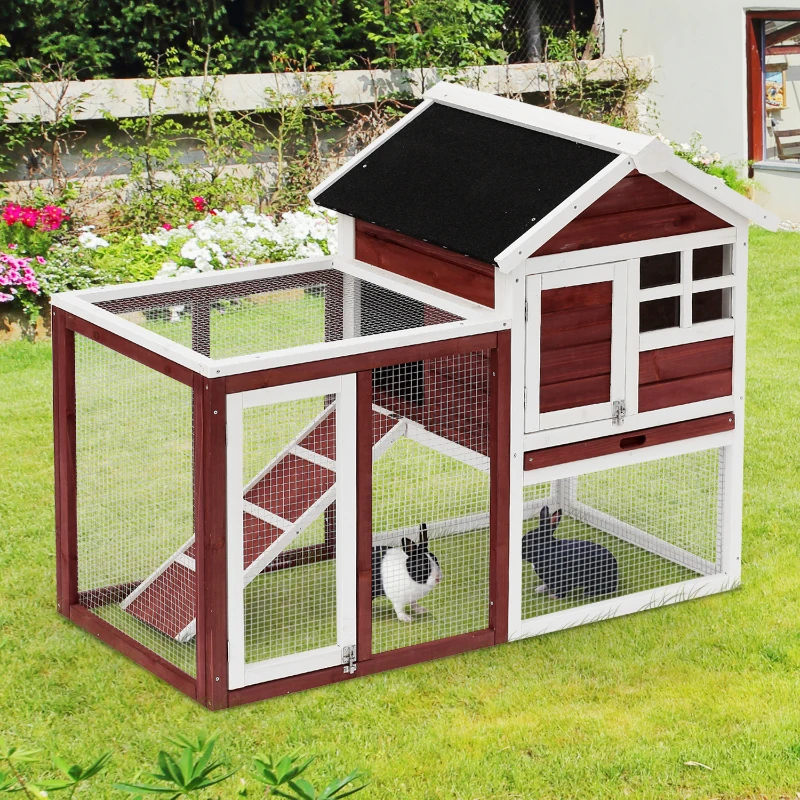PawHut Conejera de Madera de 2 Niveles Jaula para Conejos con Zona Abierta Techo Asfáltico Bandeja Extraíble y Rampa Conejera para Exterior 123,5x62,6x92,5 cm Marrón