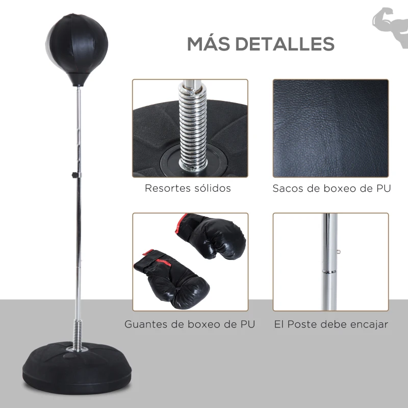 HOMCOM Saco de Boxeo de Pie con Altura Ajustable en 4 Niveles 126-144 cm Base Rellenable y Guantes de Boxeo Negro