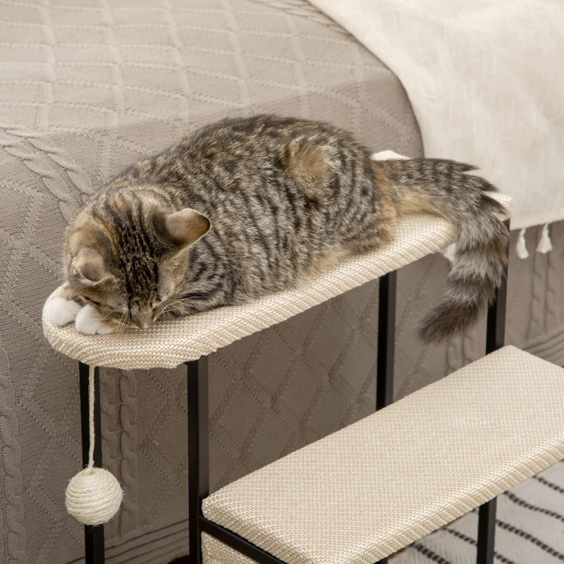 PawHut Escalera para Mascotas con 3 Escalones Bola Colgante Tablero de Rascar y Marco de Acero 47x45x47 cm Crema y Negro