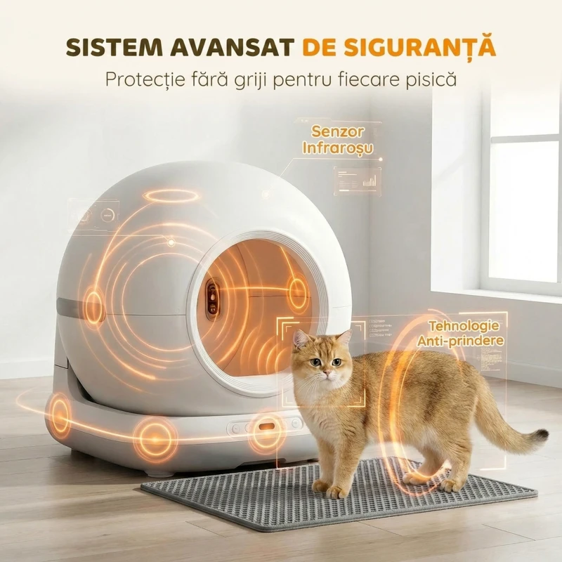 PawHut Litieră cu Auto-Curățare, Cameră HD, Recipient de 7L și Senzori, din PP și ABS, 58.1x47.5x53 cm, Alb și Gri