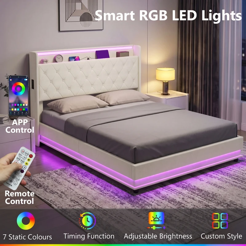 HOMCOM 5ft King Bed Frame with Headboard, Platform Bed Frame with Hydraulic Storage, LED Lights and Charging Station, White