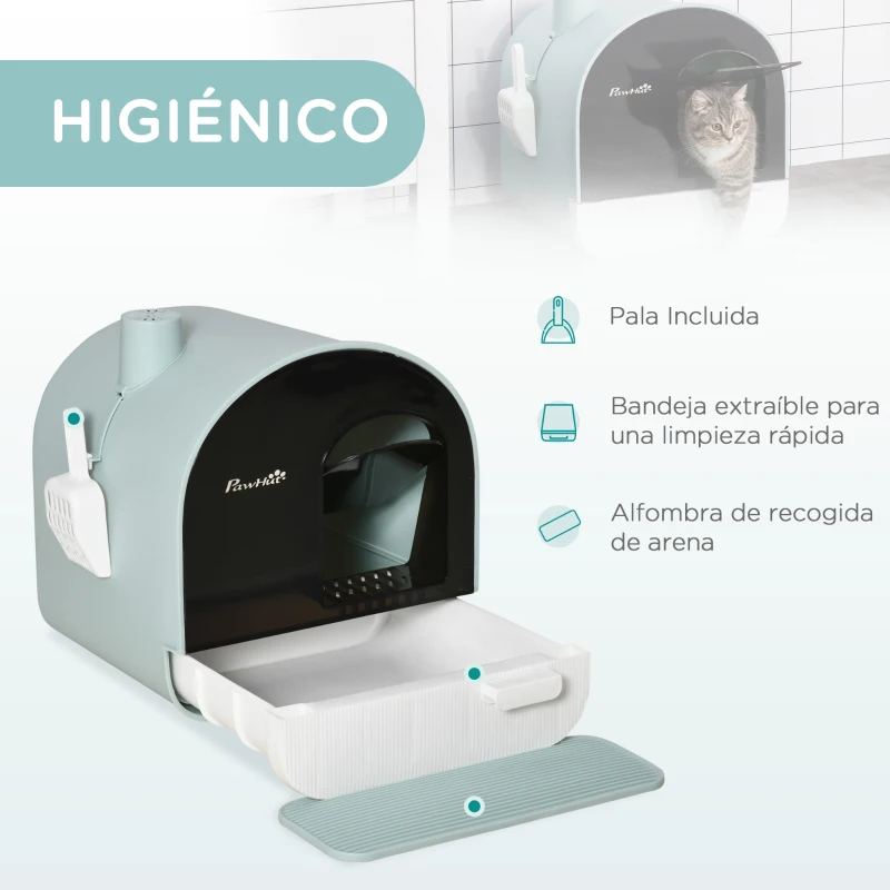 PawHut Arenero para Gatos Caja de Arena Cerrada para Gatos con Bandeja Extraíble Pala y Filtro 43x44x47 cm Verde