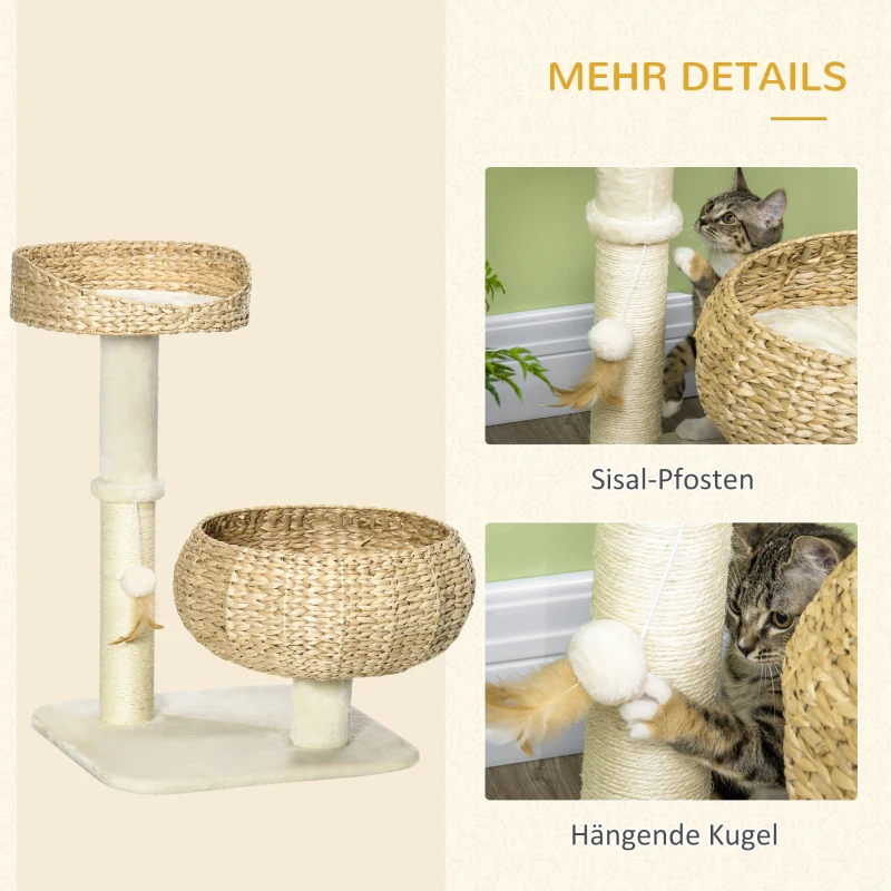 PawHut Kratzbaum, zwei Katzenbetten mit waschbaren Kissen, zwei Kratzstämme, Spielball, beige+cremeweiß, 48 x 48 x 72cm