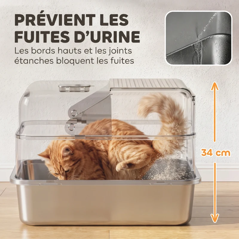 PawHut Bac à Litière pour Chat en Acier Inox. 2 en 1 Couvercle Pelle Filtres Sacs Désodorisants Grande Taille 48x38x34cm Gris