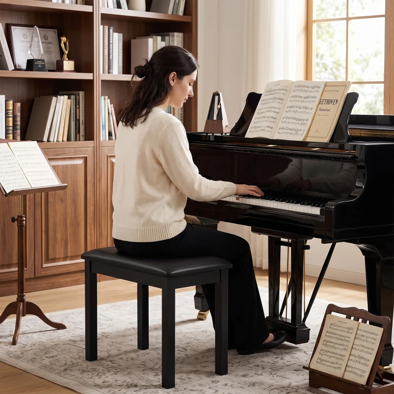 HOMCOM Banquinho para Piano com Pernas em Madeira de Seringueira, Assento Acolchoado, Revestimento em Couro Sintético PU, Preto