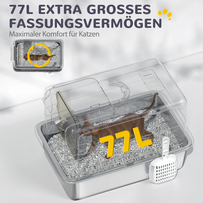 PawHut Kattenbak, inzet van roestvrij staal, filter, schepje, voor katten tot 6 kg, 40,5 x 60,5 x 41,5 cm, Wit/Zilver(m-7)