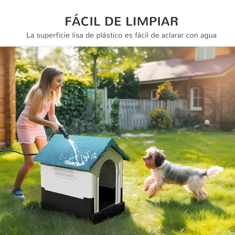 PawHut Caseta para Perros Mini para Exterior de Plástico con 3 Ventanas Base Elevada Techo Inclinado 64,5x57x66 cm Azul
