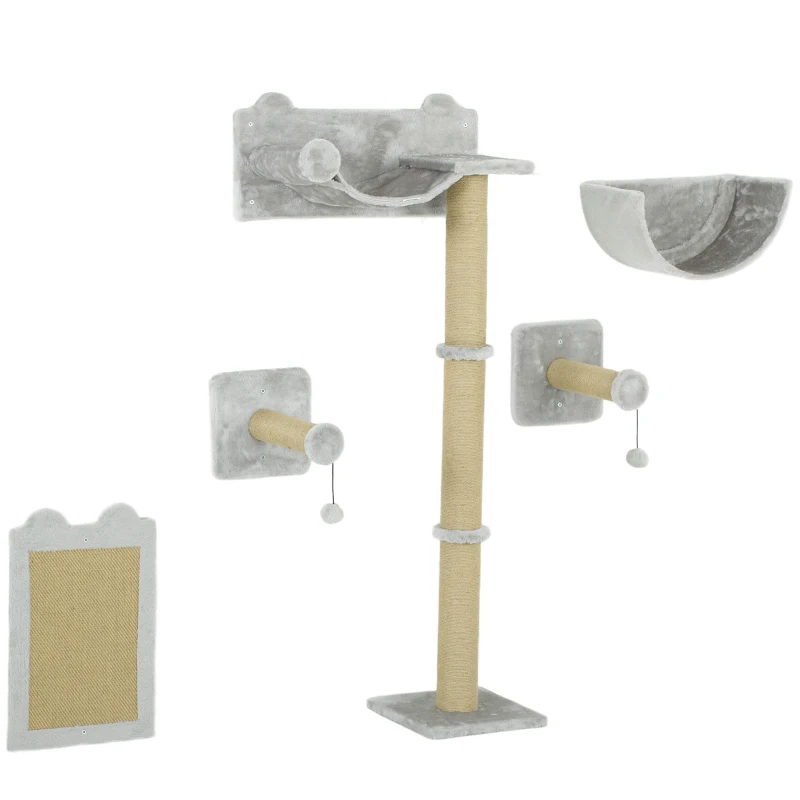 PawHut 5-delig wandgemonteerd klimset voor huiskatten met krabpalen, krabmat, kattenbed, speelballen, Lichtgrijs