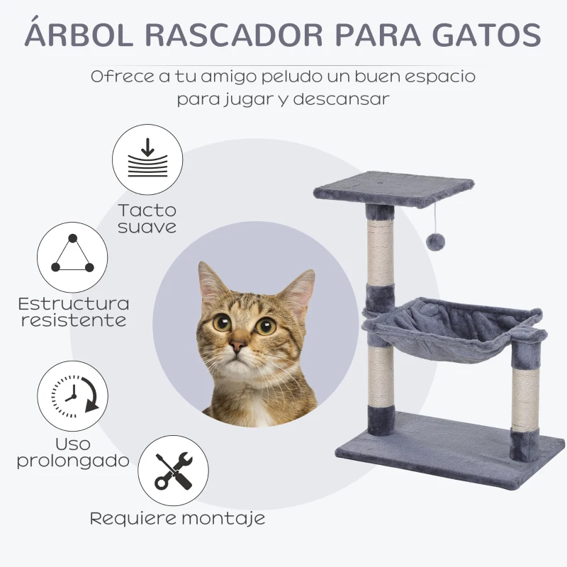 PawHut Árbol Rascador para Gatos Torre para Gatos 50x36x70 cm Centro de Actividad con Hamaca Plataforma Postes de Sisal Gris