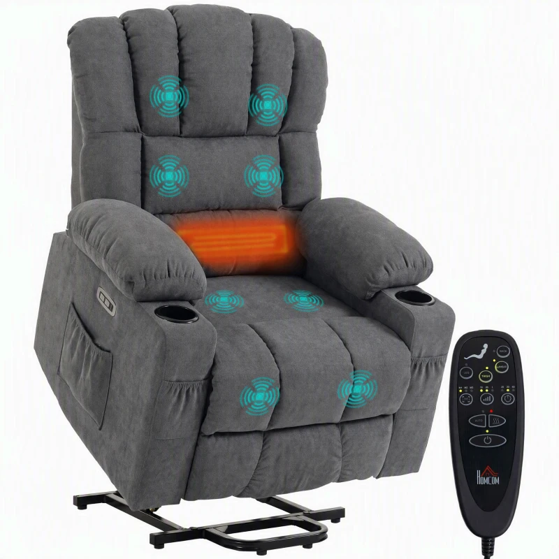 HOMCOM Fotoliu electric cu funcție de ridicare, masaj și încălzire, fotoliu relax pentru seniori, cu arcuri pocket, Gri