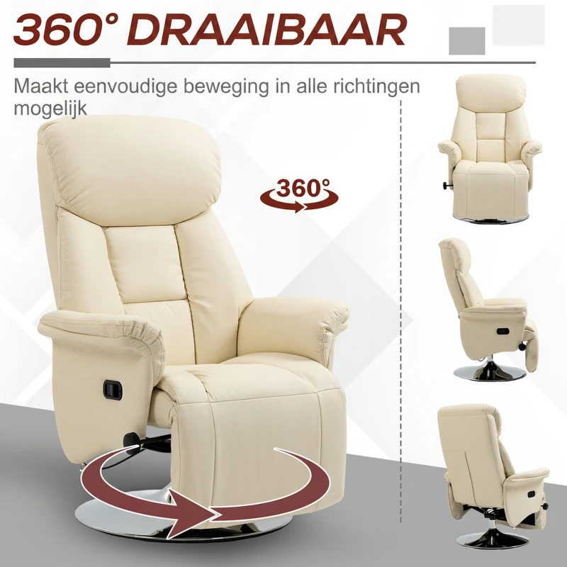 HOMCOM Relaxstoel, ligfunctie, lederlook, voetensteun, tot 150 kg, 78 x 80 x 109 cm, Creme