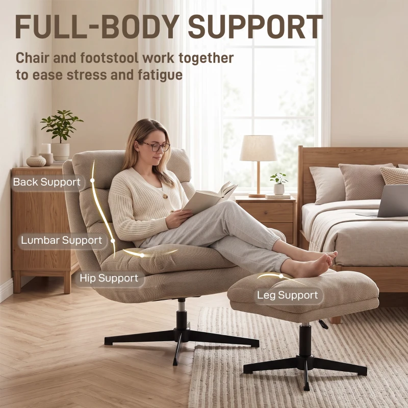 HOMCOM Fauteuil de Salon avec Repose-Pied Réglable, Rotation 360°, Fauteuil d'Appoint Capitonné en Lin, Assise Large, Marron