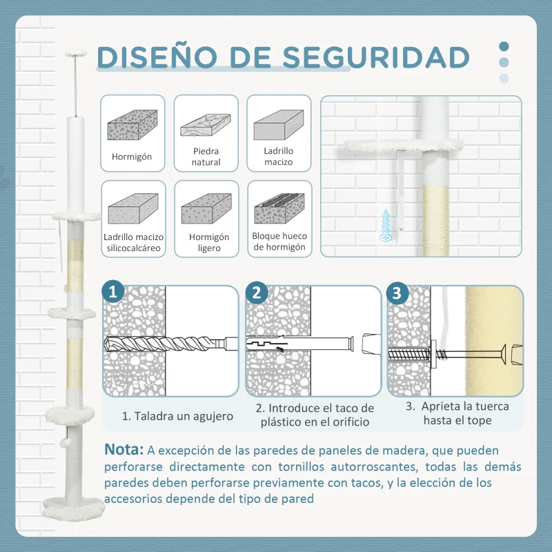 PawHut Árbol Rascador para Gatos de Suelo a Techo Ajustable con 3 Plataforma de Forma de Nube y 2 Bolas 48x32x225-255 cm Blanco