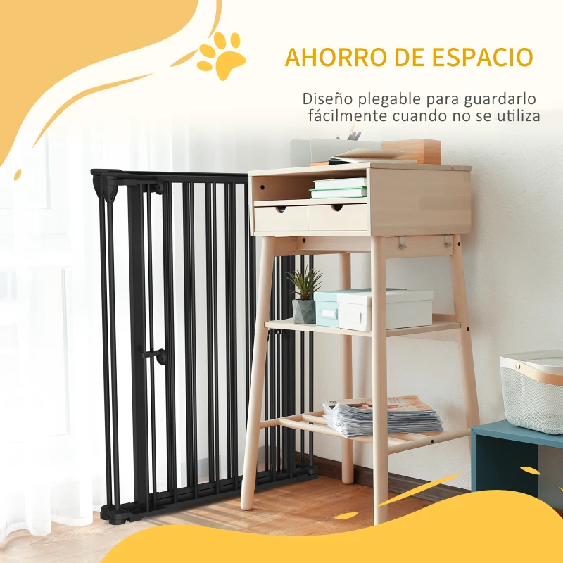 PawHut Valla para Mascotas de Acero Plegable con 3 Paneles Doble Cerradura y Función de Bloqueo Auxiliar 206x90 cm Negro
