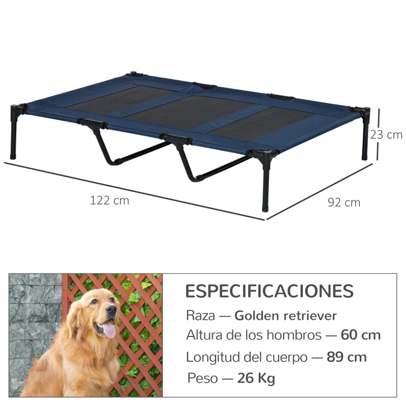 PawHut Cama Elevada para Perros Gatos Portátil Cama para Mascotas con Zona de Malla Transpirable y Tela Oxford para Interior Exterior 122x92x23 cm Azul