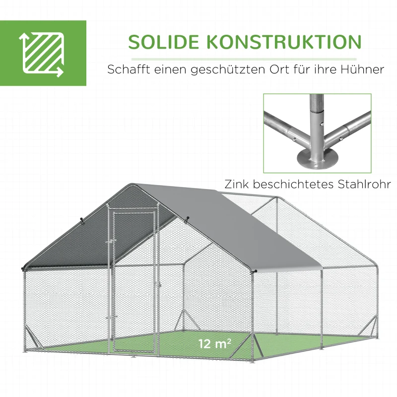 PawHut kippenhok buitenverblijf XXL buiten kippenhok met schaduw dakslot buitenverblijf voor 8-12 kippen eend konijn staal 3 x 4 x 2 m