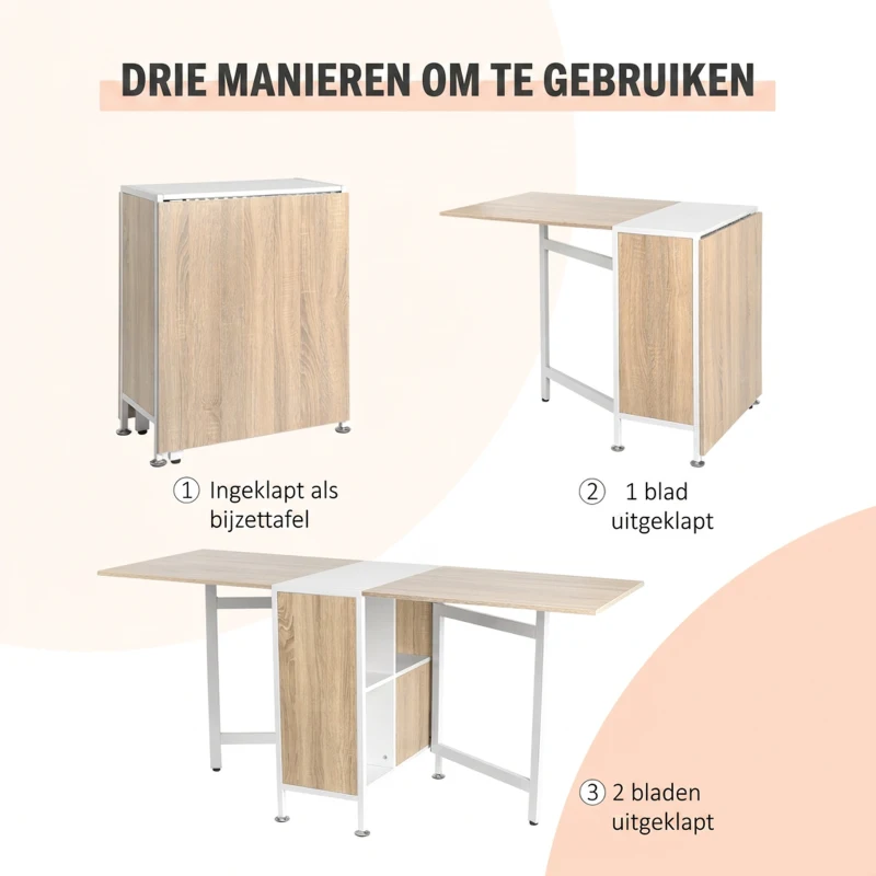 HOMCOM Inklapbare eettafel en bijzettafel met metalen frame, voor keuken of woonkamer, donker hout/wit(m-7)
