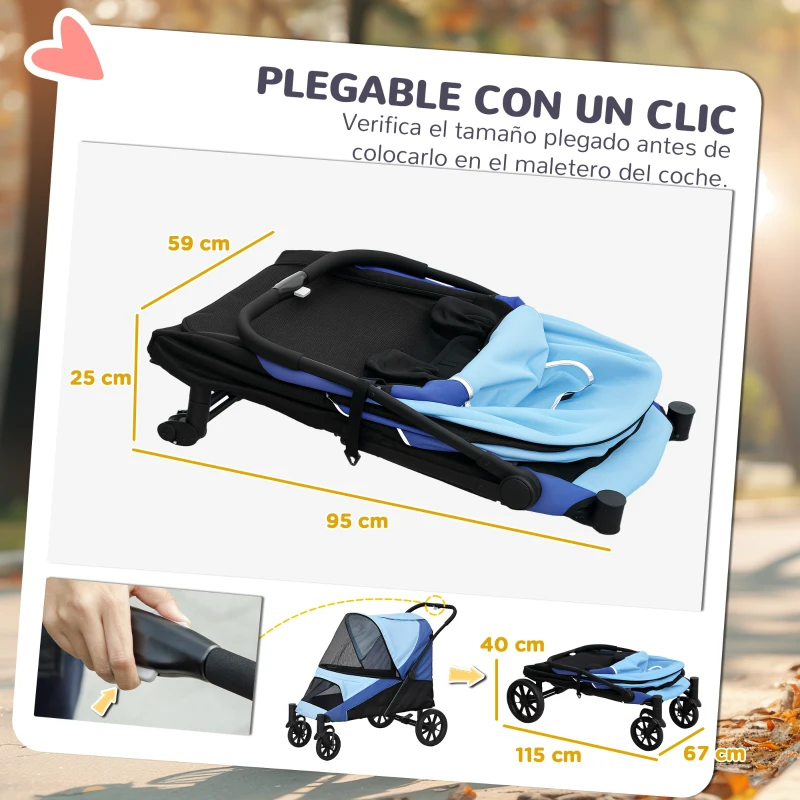 PawHut Cochecito Plegable para Mascotas con Ventanas de Malla Cojín Acolchado para Perros de hasta 25 kg 124x67x100 cm Azul