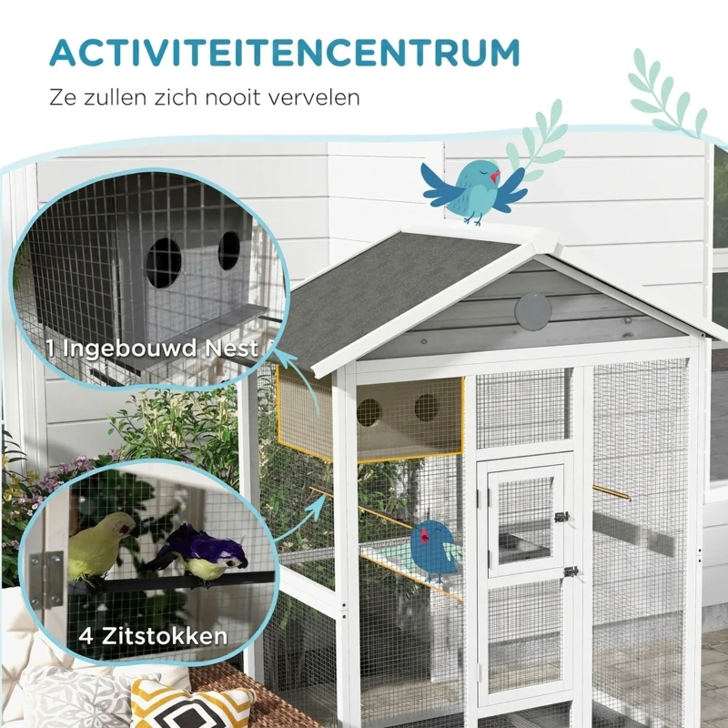 PawHut Houten vogelkooi met 4 zitstokken, asfaltdak, waterdicht, 112 x 68 x 154 cm(m-6)