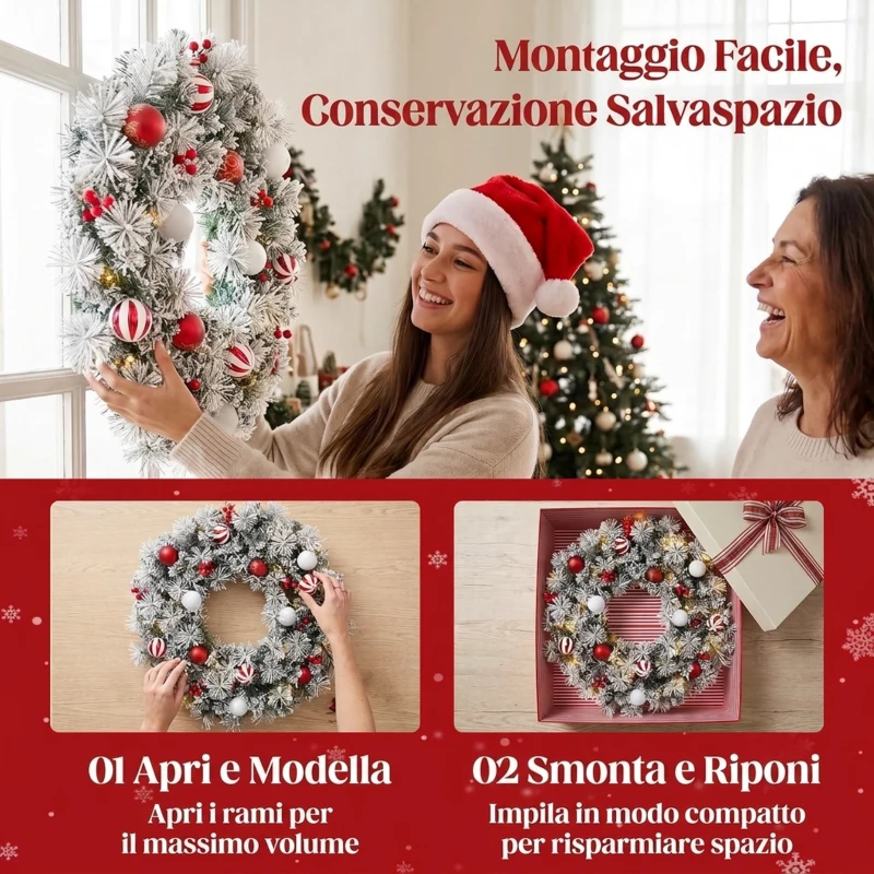 HOMCOM Ghirlanda Natalizia Innevata da 60 cm con Luci LED 8 Modalità, 140 Rami, 8 Bacche e 15 Palline Decorative, Verde