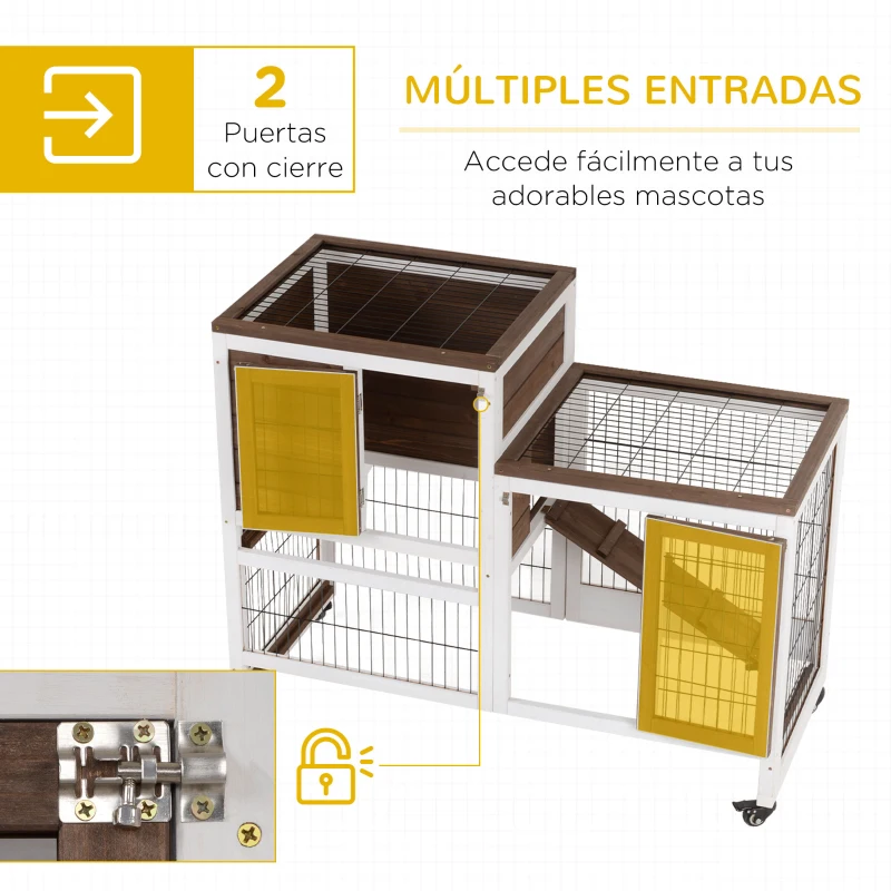 PawHut Conejera de Madera con Ruedas para Interior Jaula de 2 Pisos con Rampa y 2 Bandejas Extraíbles 110x50x88cm Marrón