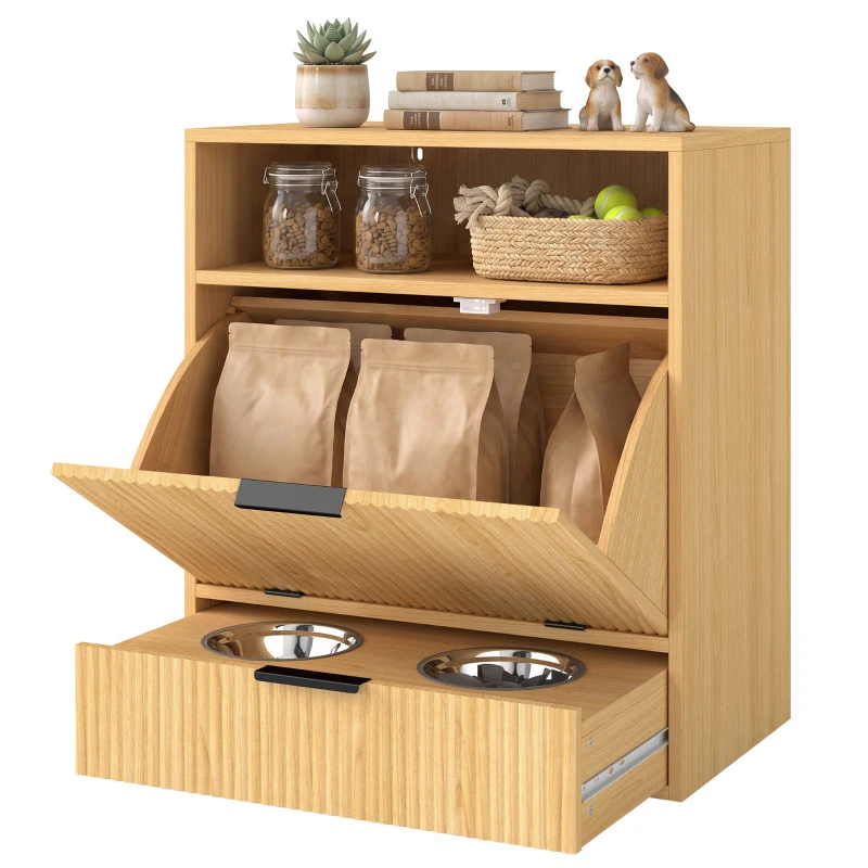 PawHut Pet Feeder Station with Storage, Dog Food Storage Container w/ 2 Raised Bowls, Tilt Out Cabinet, Slow Feeder Mat