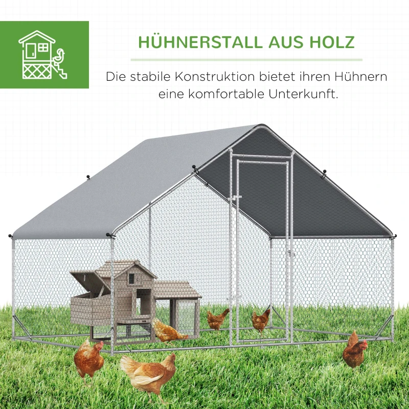 PawHut Kippenhok, Buitenren, Pluimveestal met Zonnescherm, Buitenverblijf voor 4-6 Kippen, Eenden Konijnen, 3 x 2 x 2 m
