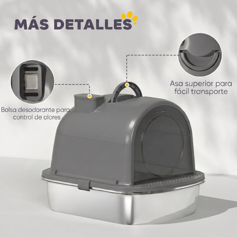 PawHut Arenero para Gatos de Acero Inoxidable con Tapa Bolsa Desodorizante Pala Fácil de Limpiar 52,4x41,3x39,9 cm Gris Oscuro