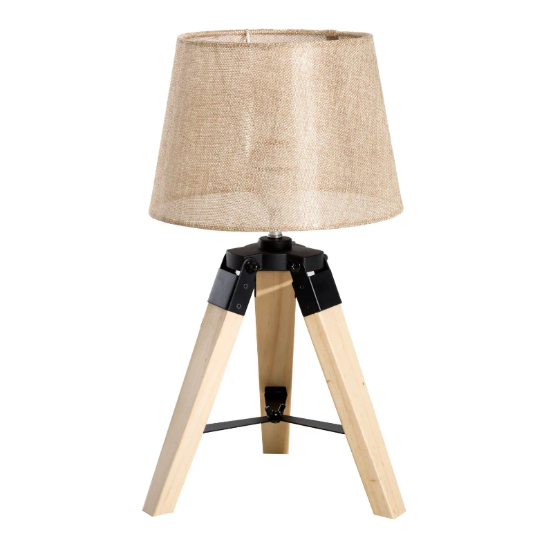 HOMCOM Lámpara de Mesa Moderna y Original con Base Trípode de Madera y Pantalla de Tela Lino 24x24x45cm E27 Máx. 40W Crema