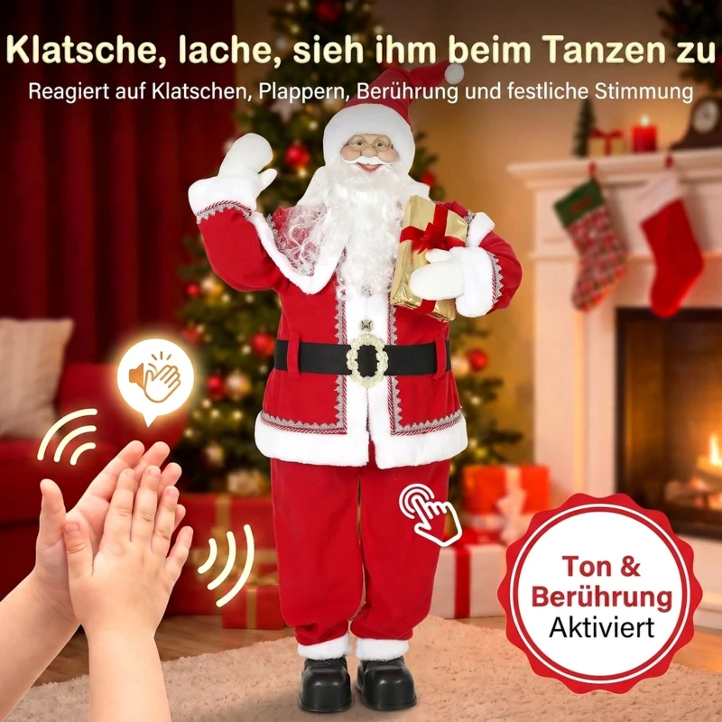 HOMCOM Lebensgroßer singender Weihnachtsmann 150 cm, animierte Musikfigur mit drehendem Kopf, winkender Hand und Geschenk