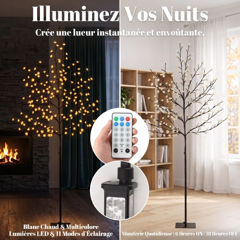 HOMCOM Arbre lumineux 180cm Cerisier Artificiel Lumineux  200 LED et 20 Branches Flexibles, Décoration Intérieure et Extérieure