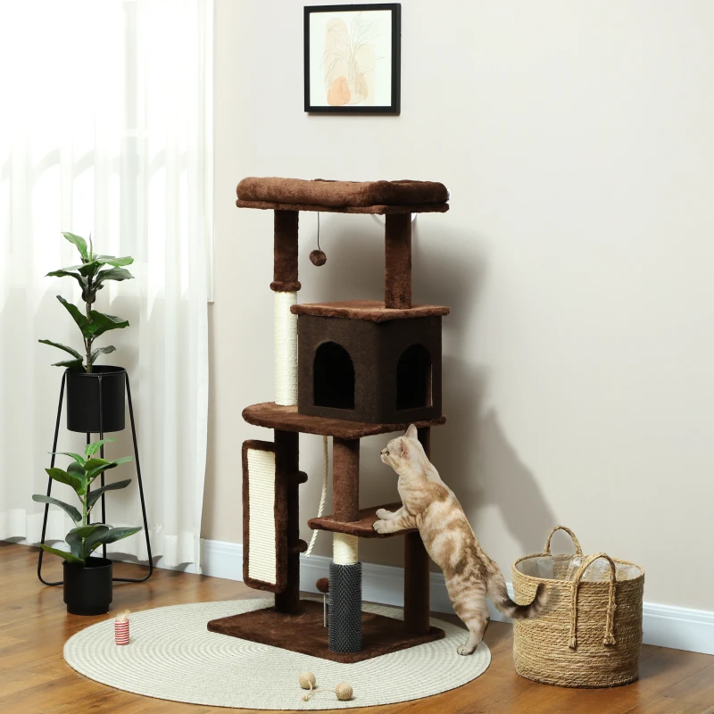 PawHut Árbol Rascador para Gatos 132 cm con Plataformas Poste con Cepillo Bolas Colgantes y Almohadilla para Rascar Marrón