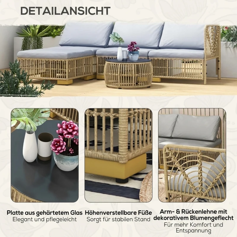 Outsunny Gartengarnitur, 5-teilig, inkl. Sitzkissen, Kunstrattan, rostfreier Stahlrahmen, Hellgrau