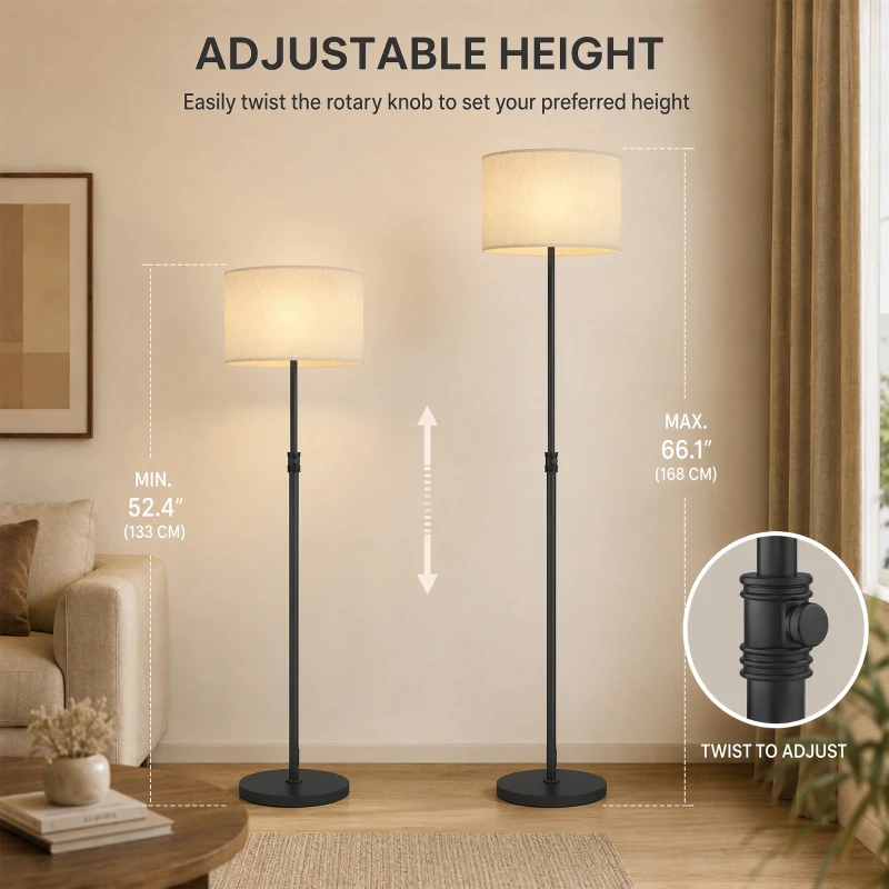 HOMCOM Floor Lamp with Remote, Height Adjustable Standing Lamp with Linen Shade, Dimmable with 3000K-6000K Adjustable Colour Temperatures, Foot Switch for Living Room Bedroom Office, Black