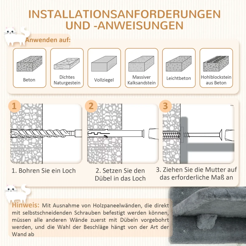 PawHut Klimniveaus, klimwand, kattenladder, 4-delige set, met krabpaal, hangmat, grijs+roomwit, 40 x 28 x 73cm