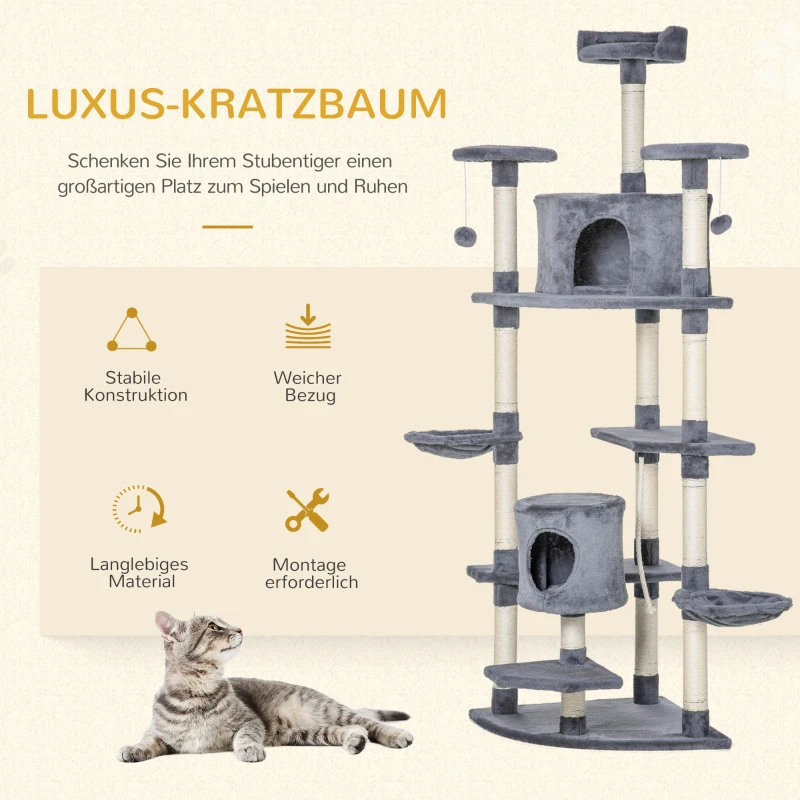 Pawhut 200H cm kattenboom met grotten en speelgoedballen lichtgrijs