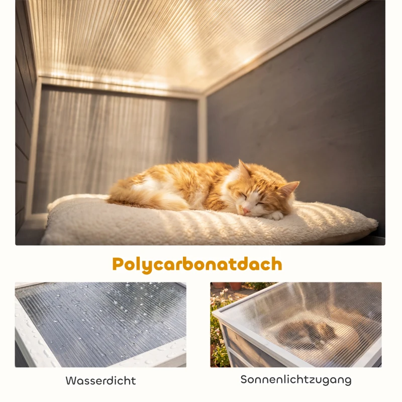 PawHut Buitenkattenren houten kattenhuis met 3 platformen, weerbestendig dak, rustgedeelte voor 3-4 katten tot 10 kg Grijs