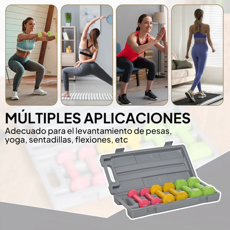 HOMCOM Juego de 6 Mancuernas Hexagonales de 1,5kg 1kg y 0,5kg con Revestimiento de Neopreno con Maletín 43x18x7,5 cm Multicolor