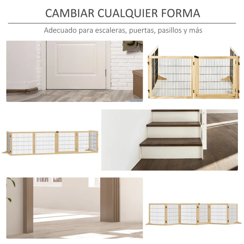PawHut Barrera de Seguridad para Perros Plegable de Madera para Escaleras y Puertas con Soporte de Pie 432x36x70 cm Natural