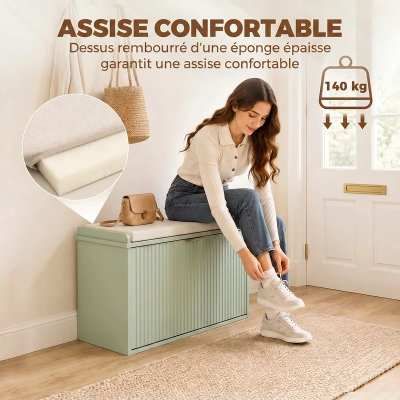 HOMCOM Banc à chaussures avec coussin d'assise rembourré et tiroir rabattable pour couloir, chambre, 62 x 26 x 47,5 cm, vert