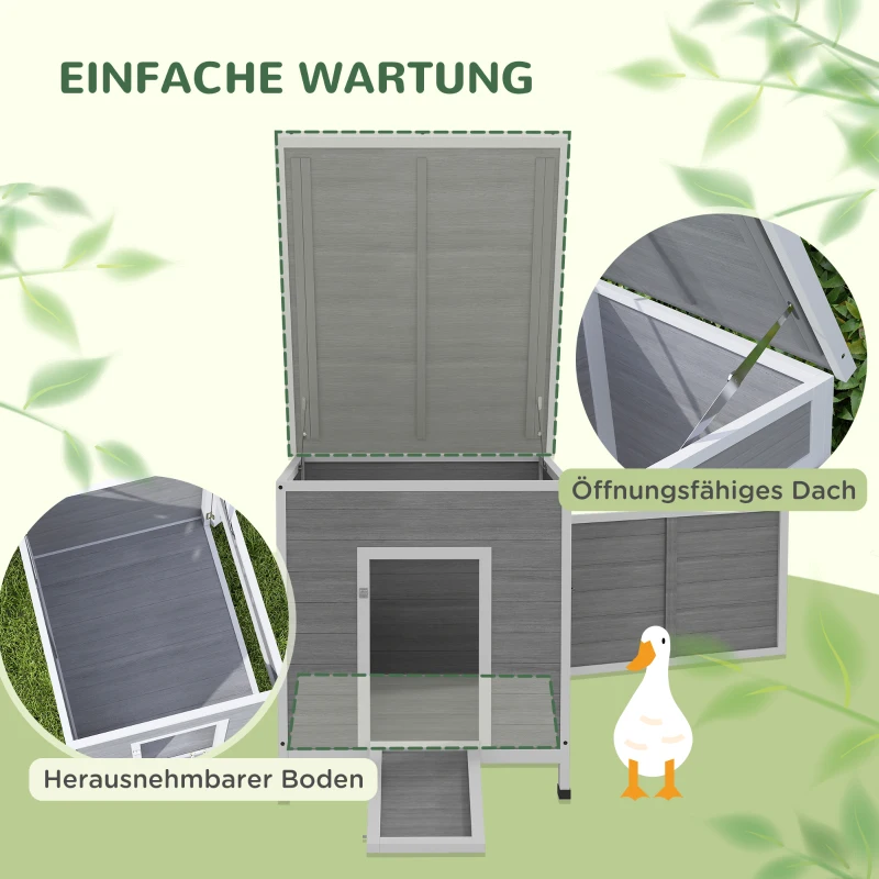 PawHut Entenstall Entenhaus aus Holz mit Asphaltdach, herausnehmbarem Boden, Seitentür, Geflügelstall mit Belüftungslöchern, wetterfest Gänsestall Hühnerhaus Hellgrau 63 x 82 x 76 cm